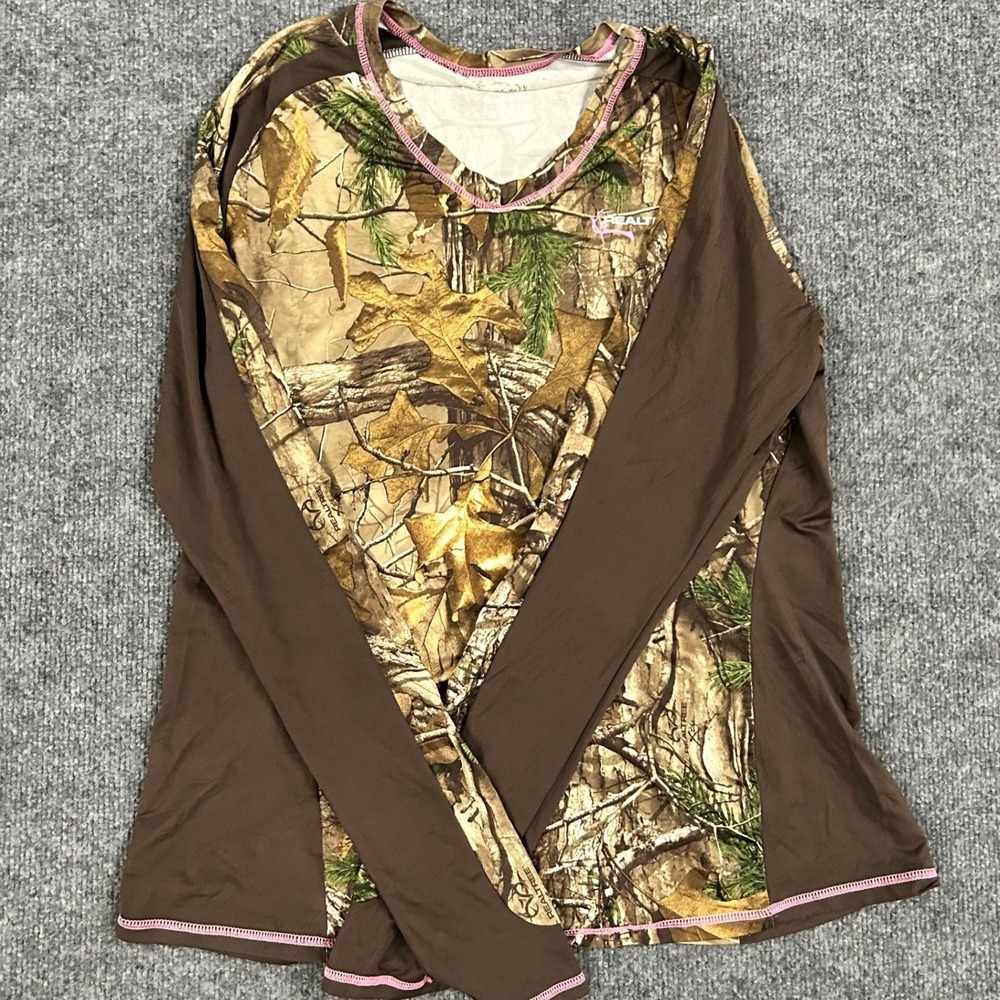 Realtree Shirt Womens Size L Brown Camo Long Sleeve Performance Pink Trim